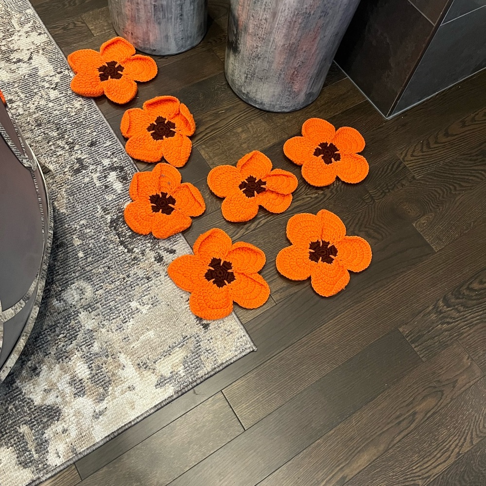 7 mod crocheted, large orange and brown flowers 1960 retro vintage decorating
